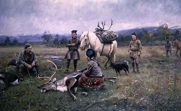 Lapps Collecting Shot Reindeer, 1892 Oil Painting by Johan Tiren