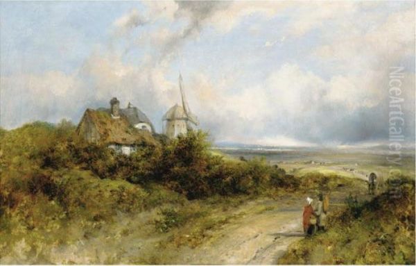 Windmill With Extensive Landscape Beyond Oil Painting by Frederick Waters Watts