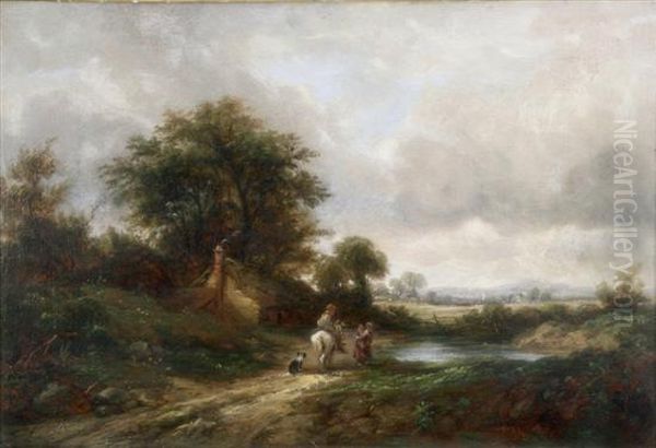 Rural Scene With Children And A Horse Outside A Cottage Ex Davidmessum Oil Painting by Frederick Waters Watts