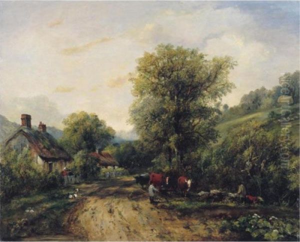 A Landscape With Drovers And Their Cattle On A Country Road Oil Painting by Frederick Waters Watts