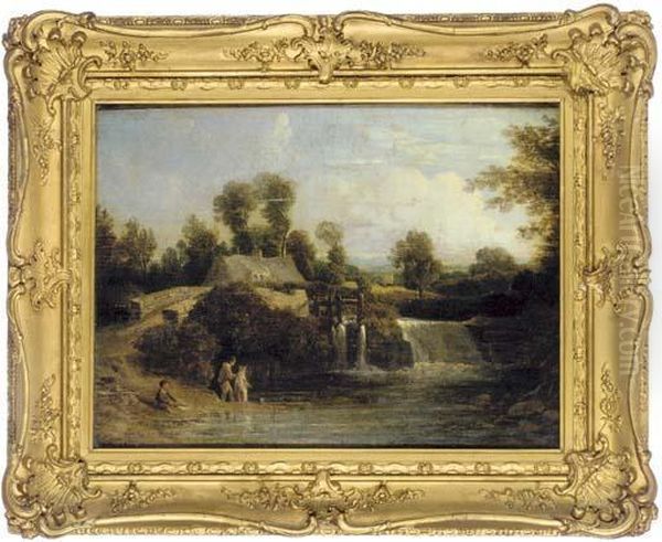 Children Fishing By A Waterfall Oil Painting by Frederick Waters Watts