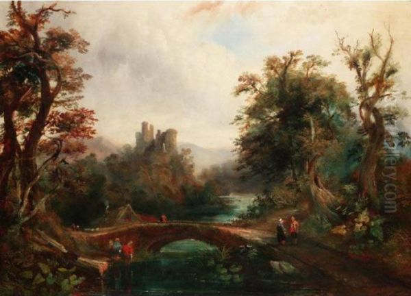 An Extensive River Landscape With Ruins Beyond Oil Painting by Frederick Waters Watts