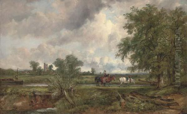 An Extensive Landscape With A 
Barge On A Canal And Yoked Horses Ona Towpath, A Church And Village 
Beyond Oil Painting by Frederick Waters Watts