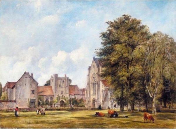 A View Of The Hospital At St Cross, Winchester, With Cattle Grazing In The Foreground Oil Painting by Frederick Waters Watts