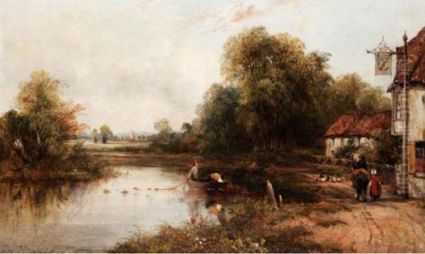 River Landscape With Figures By An Inn Oil Painting by Frederick Waters Watts