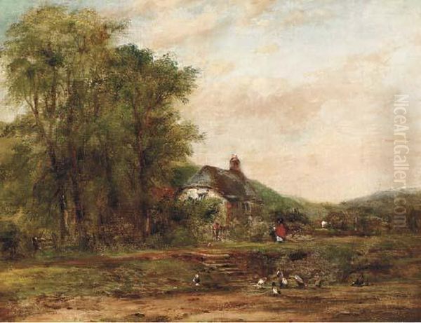 A Country Landscape With Figures On A Path By A Cottage Oil Painting by Frederick Waters Watts