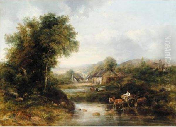 An Extensive River Landscape With A Drover In A Cart With His Cattle Oil Painting by Frederick Waters Watts