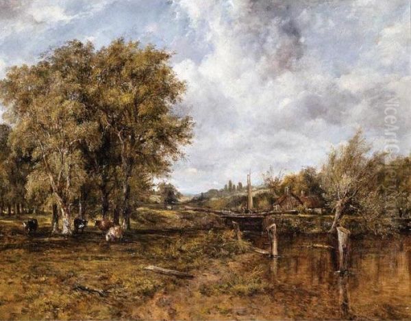 A Wooded Landscape With Cattle And A Cottage Beyond Oil Painting by Frederick Waters Watts