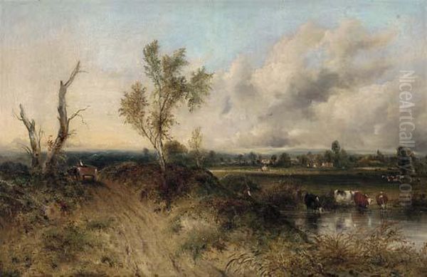 A Drover With Cattle Watering In A Extensive Landscape Oil Painting by Frederick Waters Watts