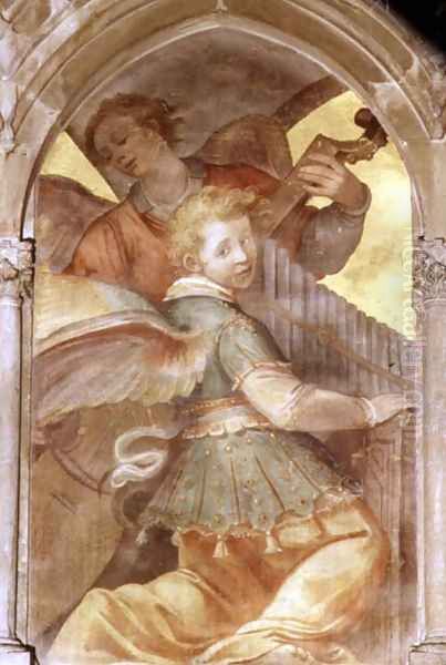 Musical angels within a trompe l'oeil cloister, detail of a angel with a portative organ, from the interior west facade Oil Painting by Santi Di Tito