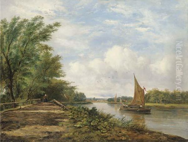 Barges On A River In A Sunlit Landscape Oil Painting by Frederick Waters Watts