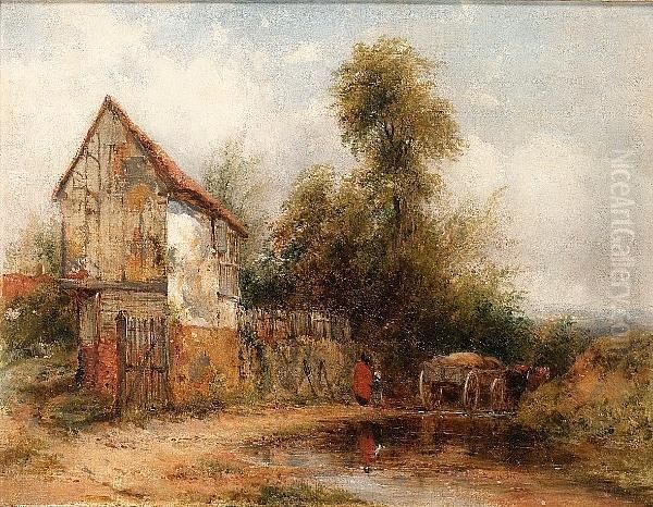 Figures, Horse And Cart On A Country Road, Passing A Mill Oil Painting by Frederick Waters Watts