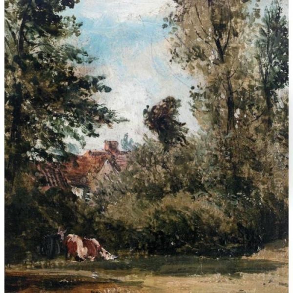 A Cottage Hidden By Trees, Cows Grazing In The Foreground Oil Painting by Frederick Waters Watts