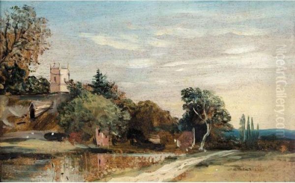 Aylesford Church, Kent, From The River Medway And A Village In A Wooded Landscape Oil Painting by Frederick Waters Watts