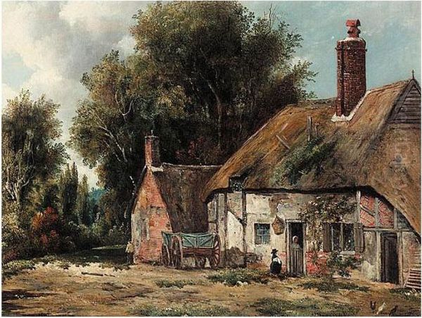 A Cottage With Figures In A Wooded Landscape Oil Painting by Frederick Waters Watts