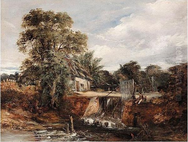 Fishing By A Suffolk Lock-gate Oil Painting by Frederick Waters Watts