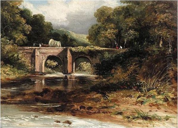 River Landscape With A Farmcart Crossing A Bridge Oil Painting by Frederick Waters Watts