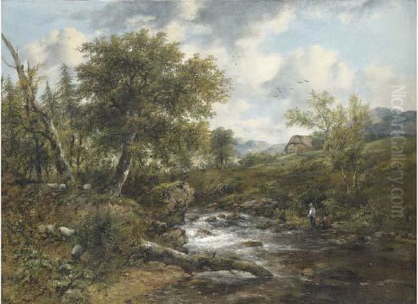 A Wooded River Landscape With Fishermen And Sheep On The Banks, A Cottage Beyond Oil Painting by Frederick Waters Watts