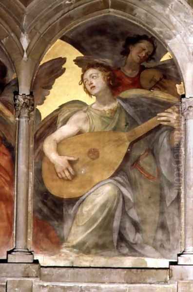 Musical angel within a trompe l'oeil cloister, detail of an angel playing a mandolin, from the interior west facade Oil Painting by Santi Di Tito