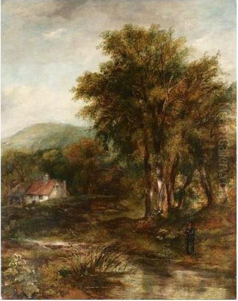 Man Fishing In A Wooded Landscape Oil Painting by Frederick Waters Watts