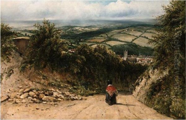 Landscape With Distant Village And A Figure On A Path In The Foreground Oil Painting by Frederick Waters Watts