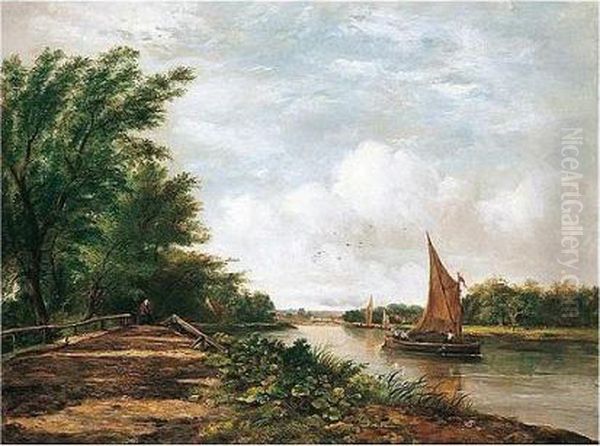 Barges On A River In A Wooded Landscape Oil Painting by Frederick Waters Watts