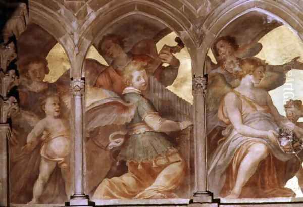 Musical angels within a trompe loeil cloister, from the interior west facade Oil Painting by Santi Di Tito