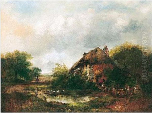 A View With A Cottage And Ducks On A Pond Oil Painting by Frederick Waters Watts