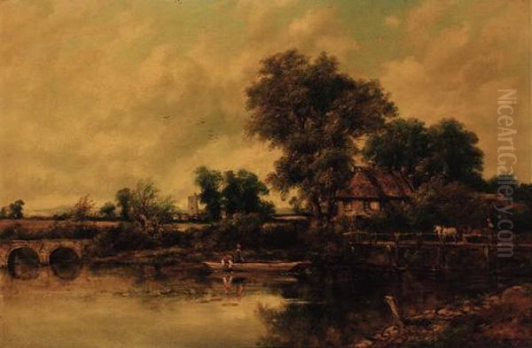 An Extensive Wooded River 
Landscape With Figures In A Punt And A Horse And Cart On A Bridge, A 
Village Beyond Oil Painting by Frederick Waters Watts