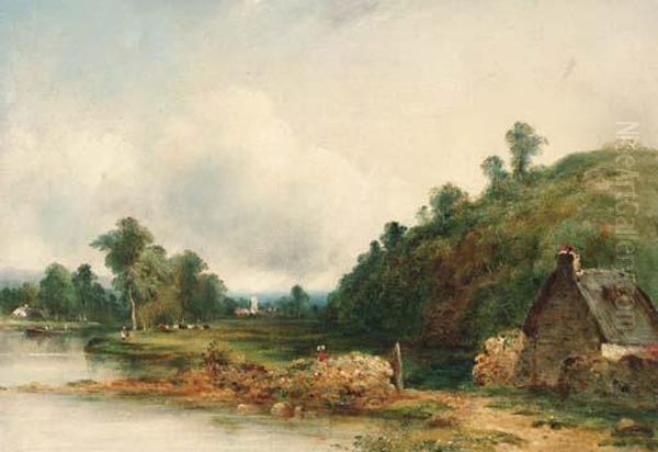 Figures By A River In A Wooded Landscape Oil Painting by Frederick Waters Watts