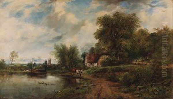 View Of Shepperton And St. 
Nicholas' Parish Church, With Sheppertonmanor House In The Foreground Oil Painting by Frederick Waters Watts