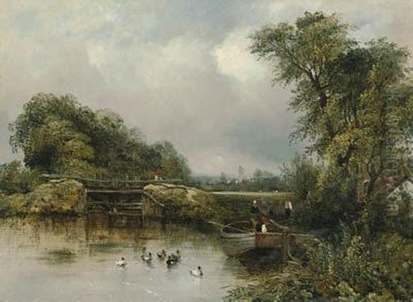 A Wooded River Landscape With A Barge By A Lock, A Villagebeyond Oil Painting by Frederick Waters Watts