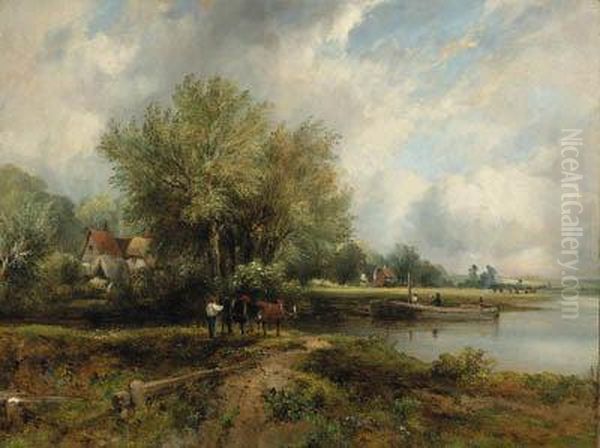 A Wooded River Landscape With A Barge And Cottages Oil Painting by Frederick Waters Watts