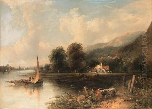 An Extensive Wooded River 
Landscape With Fishermen In Theforeground And Cattle And A Cottage 
Beyond Oil Painting by Frederick Waters Watts