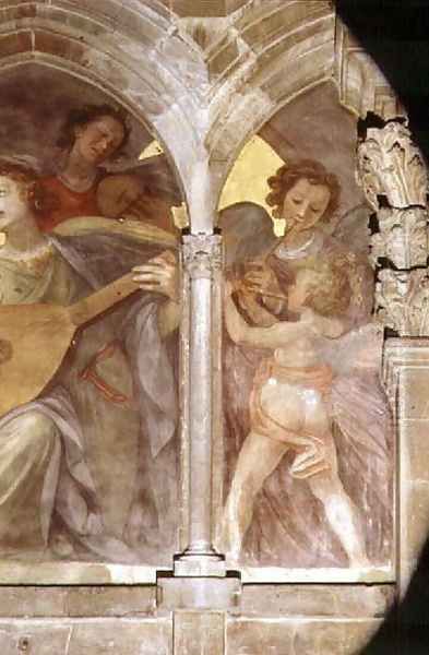 Musical angels with a trompe loeil cloister, detail of cherub playing a flute, from the interior west facade Oil Painting by Santi Di Tito