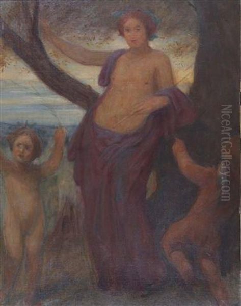 A Semi Clad Female With Two Putti At The Foot Of A Tree In A Landscape Oil Painting by George Frederick Watts