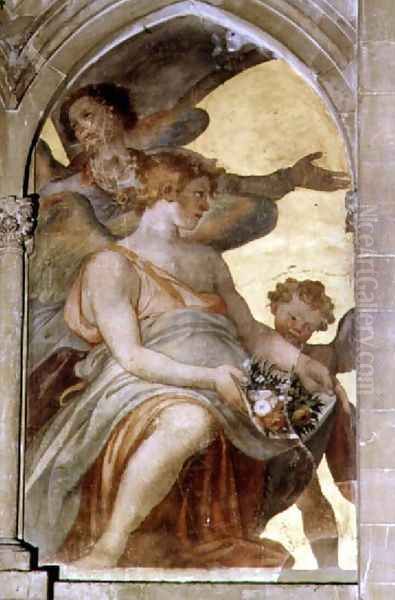 Musical angels within a trompe l'oeil cloister, detail of a seated angel holding flowers, from the interior west facade Oil Painting by Santi Di Tito