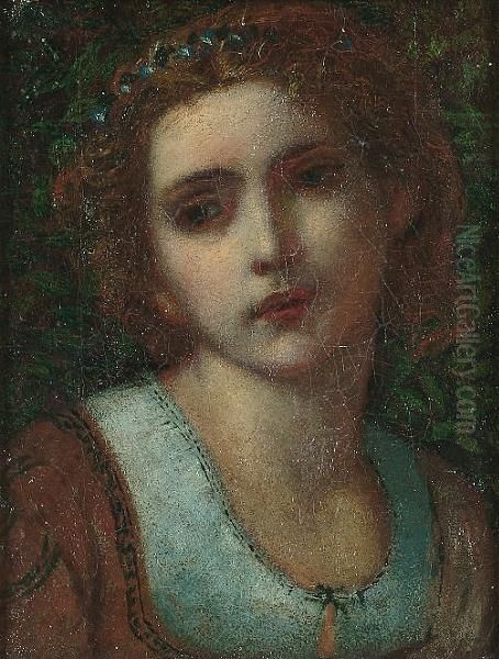 A Portrait, Bust Length Of A Young Girl With Flowers In Her Hair Oil Painting by George Frederick Watts