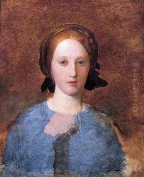 Portrait Of Mrs Prescott Decie, Bust Length, In A Blue Dress - A Sketch Oil Painting by George Frederick Watts