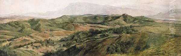 A Panoramic Tuscan Landscape Oil Painting by George Frederick Watts