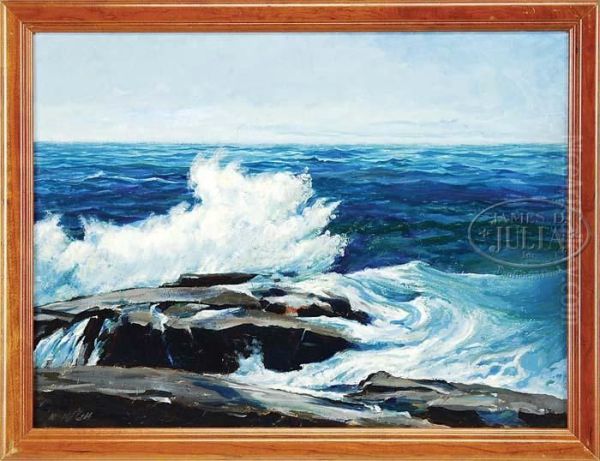 Coastal Scene Shows Wavescrashing Onto Coastal Rock Ledge Under A Light Blue Sky Oil Painting by Frederick Judd Waugh