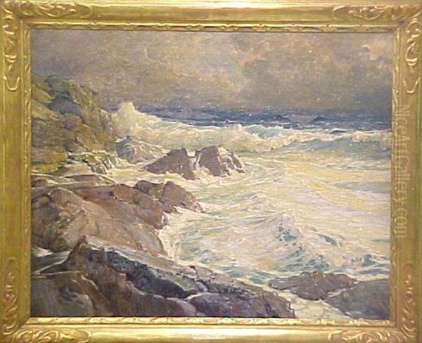 Marine Scene With Waves Crashing On Rocky Shoreline Oil Painting by Frederick Judd Waugh