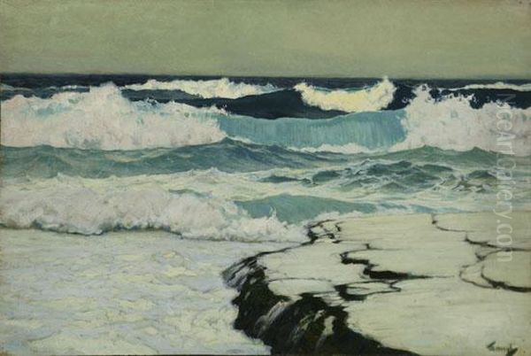 Waves Crashing Along A Rocky Coast Oil Painting by Frederick Judd Waugh