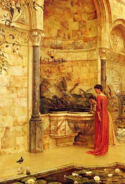 Elegant Ladies By A Fountain Oil Painting by Edward R. Taylor