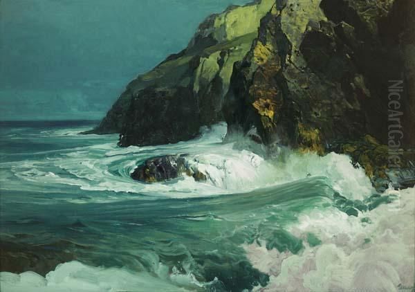 Breaking Waves Along A Rocky Coast Oil Painting by Frederick Judd Waugh