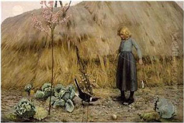 Peasant Girl With A Magpie Oil Painting by Frederick Judd Waugh