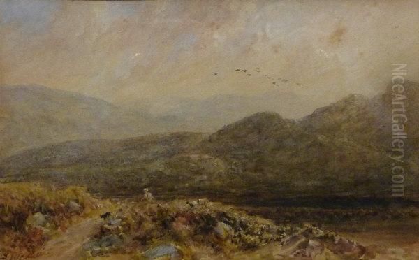 Figure And Sheep On The Moors Oil Painting by George Weatherill