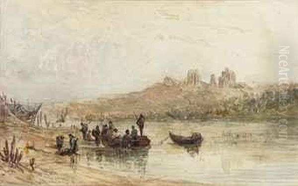 Figures Disembarking From A Ferry Below Castle Ruins Oil Painting by George Weatherill