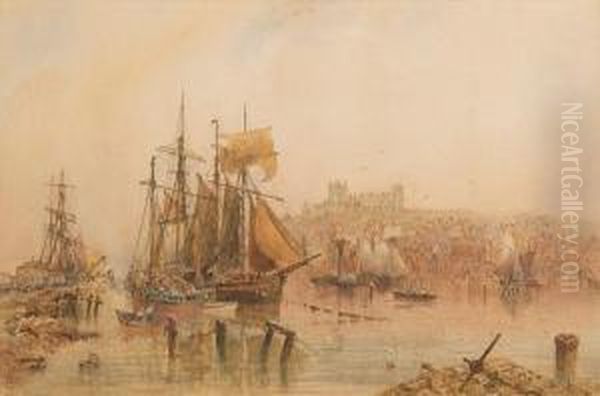 Whitby Harbour Scene Oil Painting by George Weatherill