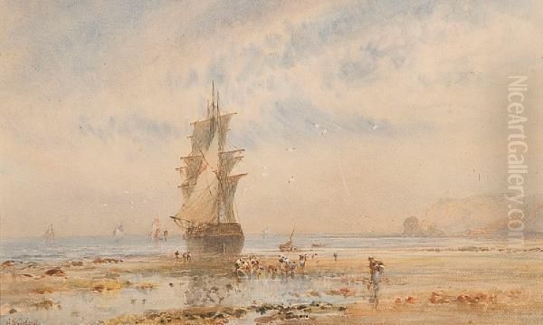 Beached Sailing Ship And Figures On Theshore Oil Painting by George Weatherill